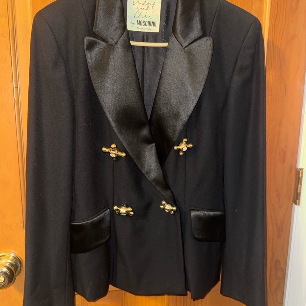 Vintage Moschino Black Blazer with Satin Lapels and Gold Faucet Handle Buttons